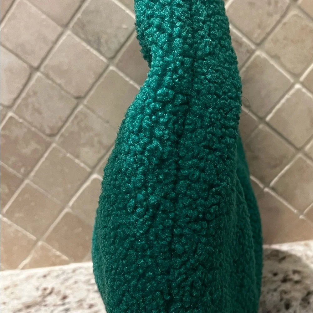 Green Fluffy Knot‎ Handle Curved Faux Sherpa Hobo Bag